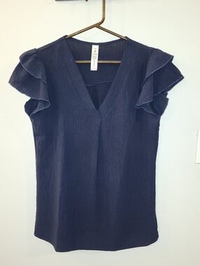NWOT Navy Dark Blue Elegant Ruffle Sleeve Blouse